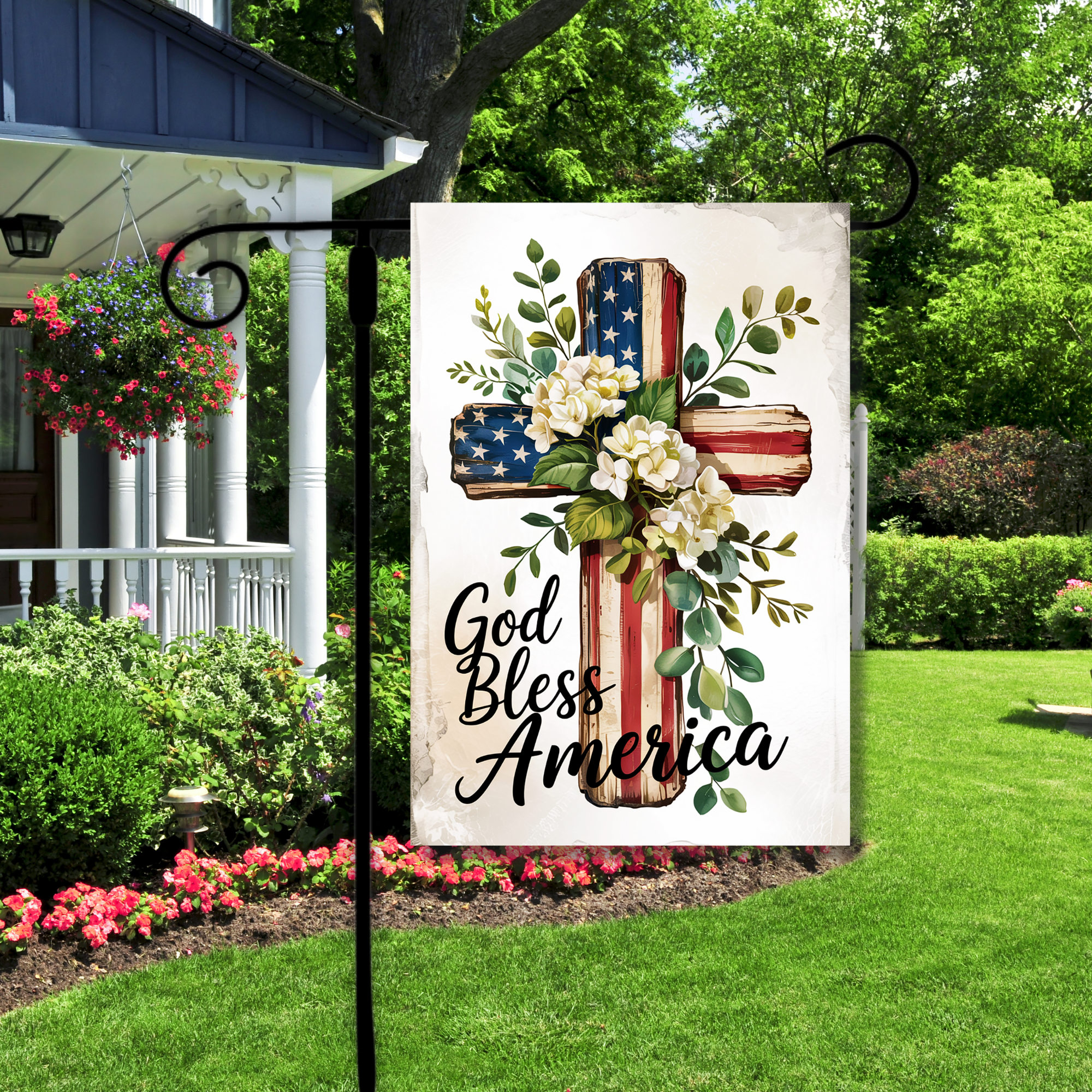 American flag with flowers and Text God bless America