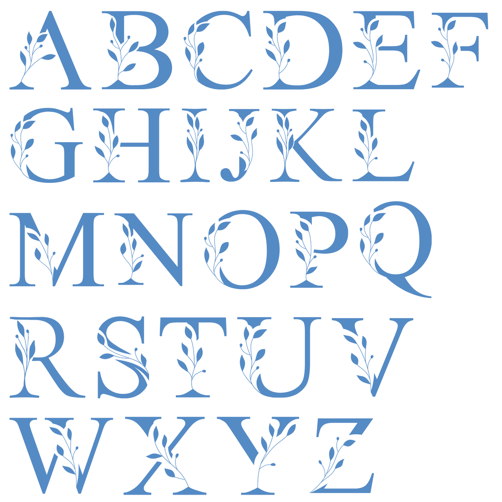 Alphabet letters with floral designs on a white background
