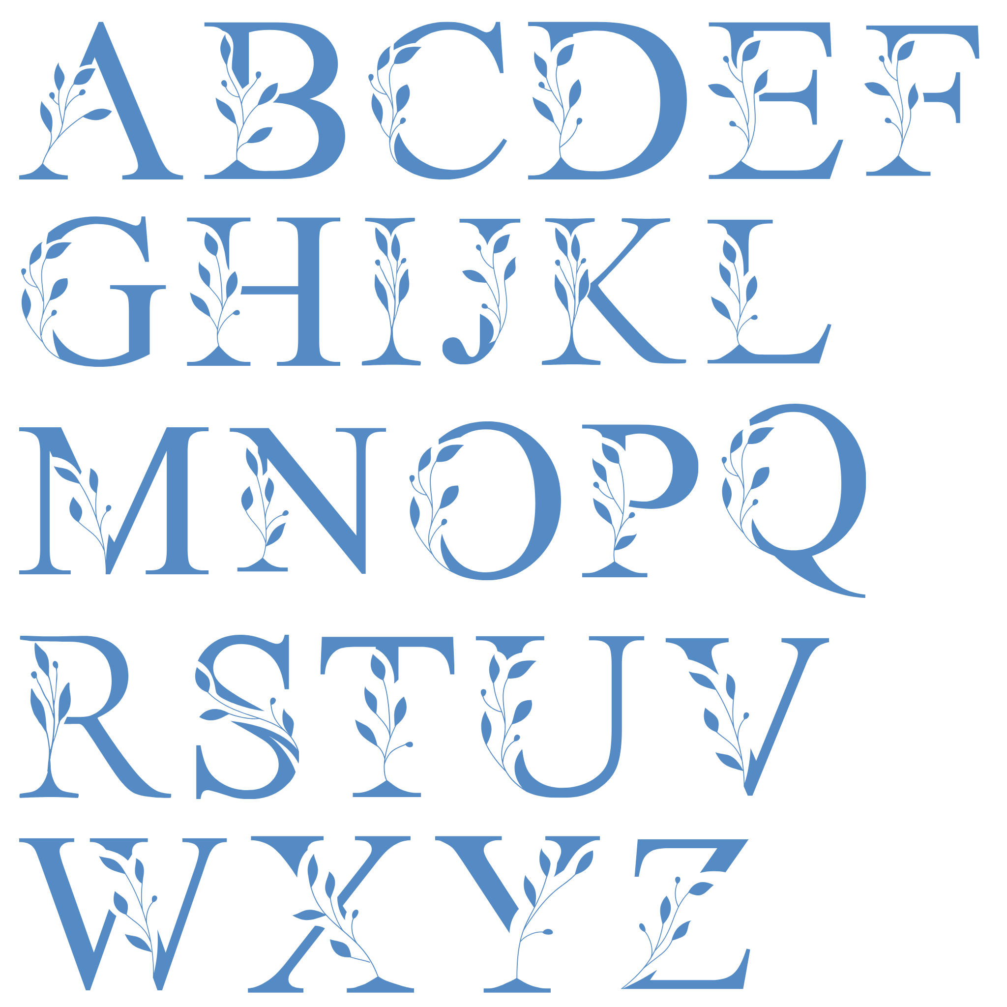 Alphabet letters with floral designs on a white background