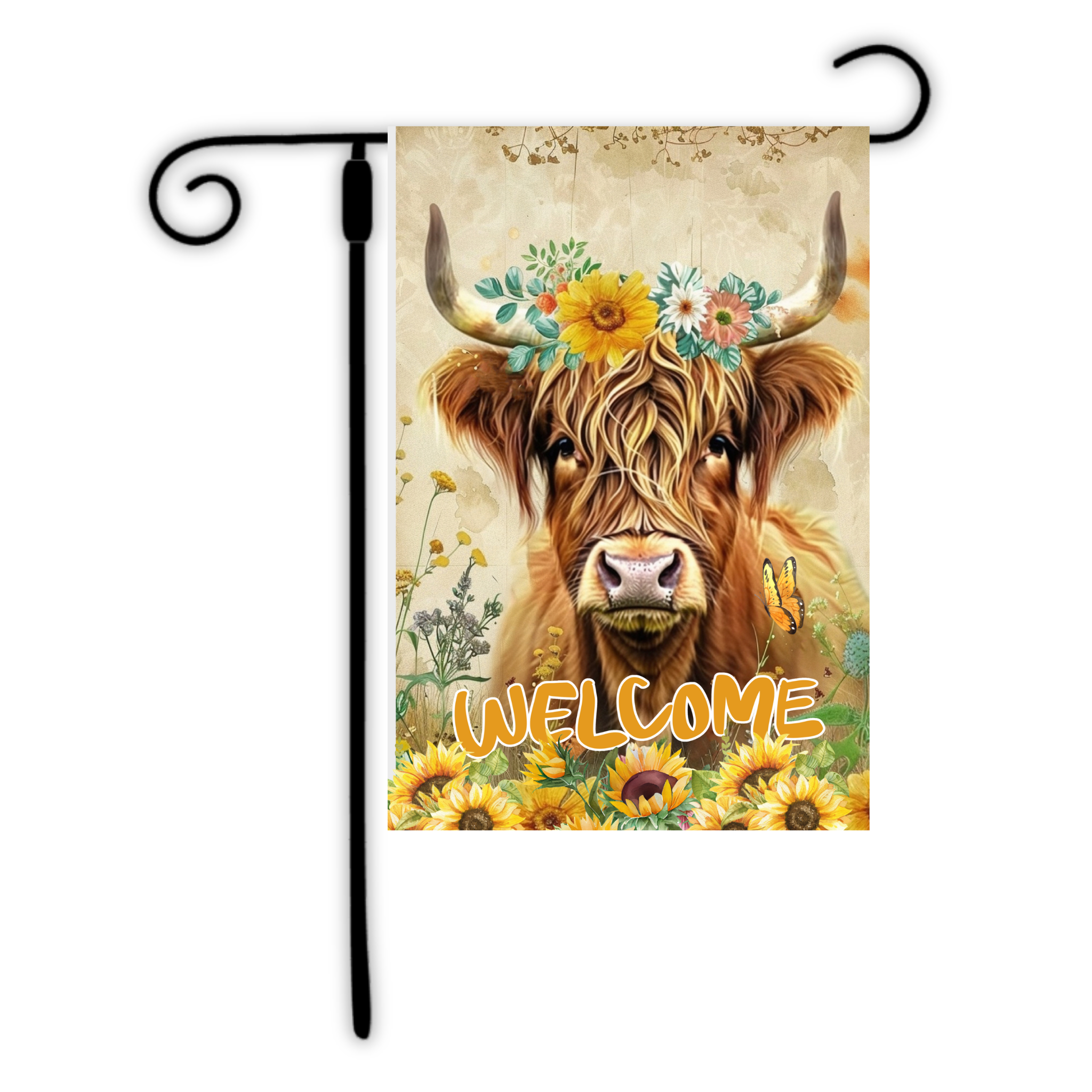 Decorative garden flag with a cow wearing a flower crown and sunflowers, featuring the word 'WELCOME'.