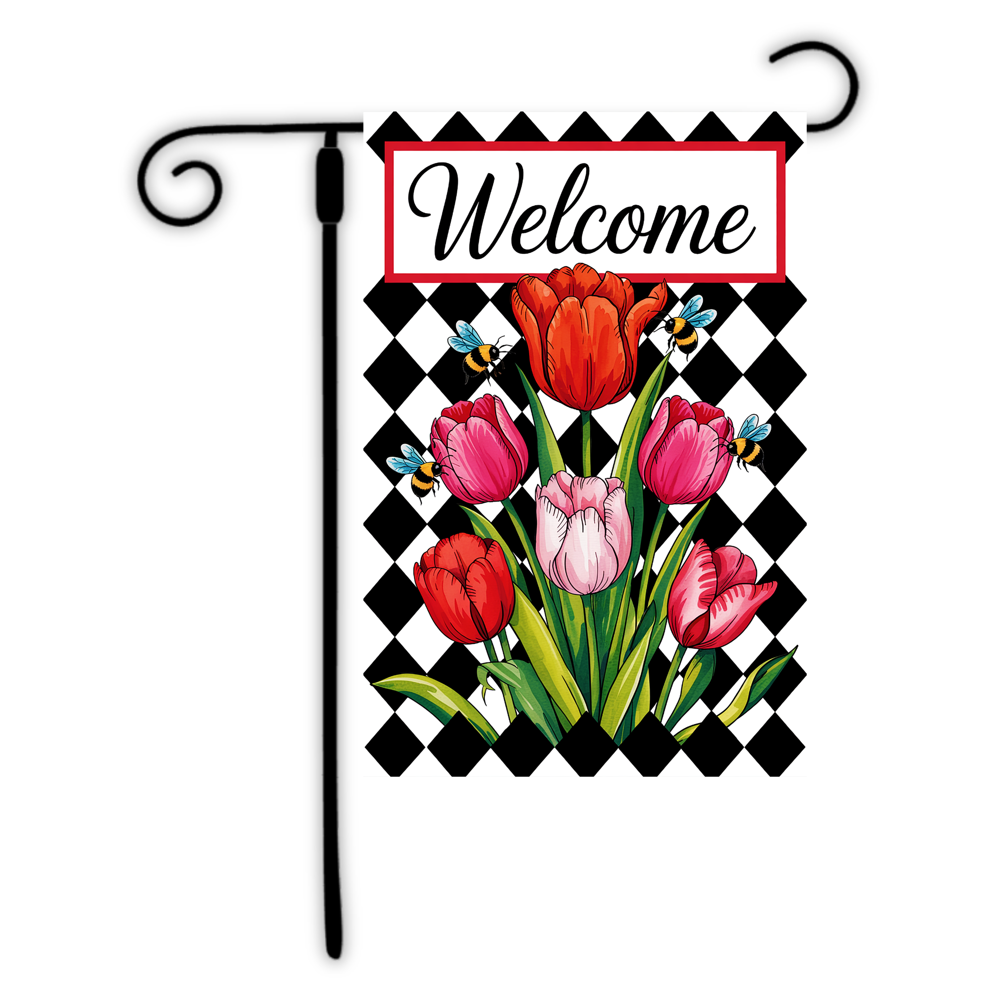 Decorative garden flag with tulips and 'Welcome' text on a checkered background