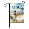Decorative flag with a beach scene and text 'Come walk with me' on a white background.