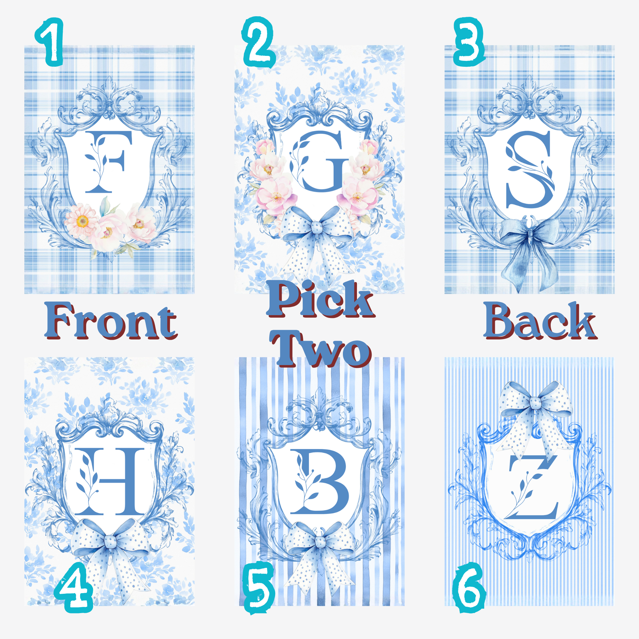 Decorative letter cards with floral designs on a blue checkered background