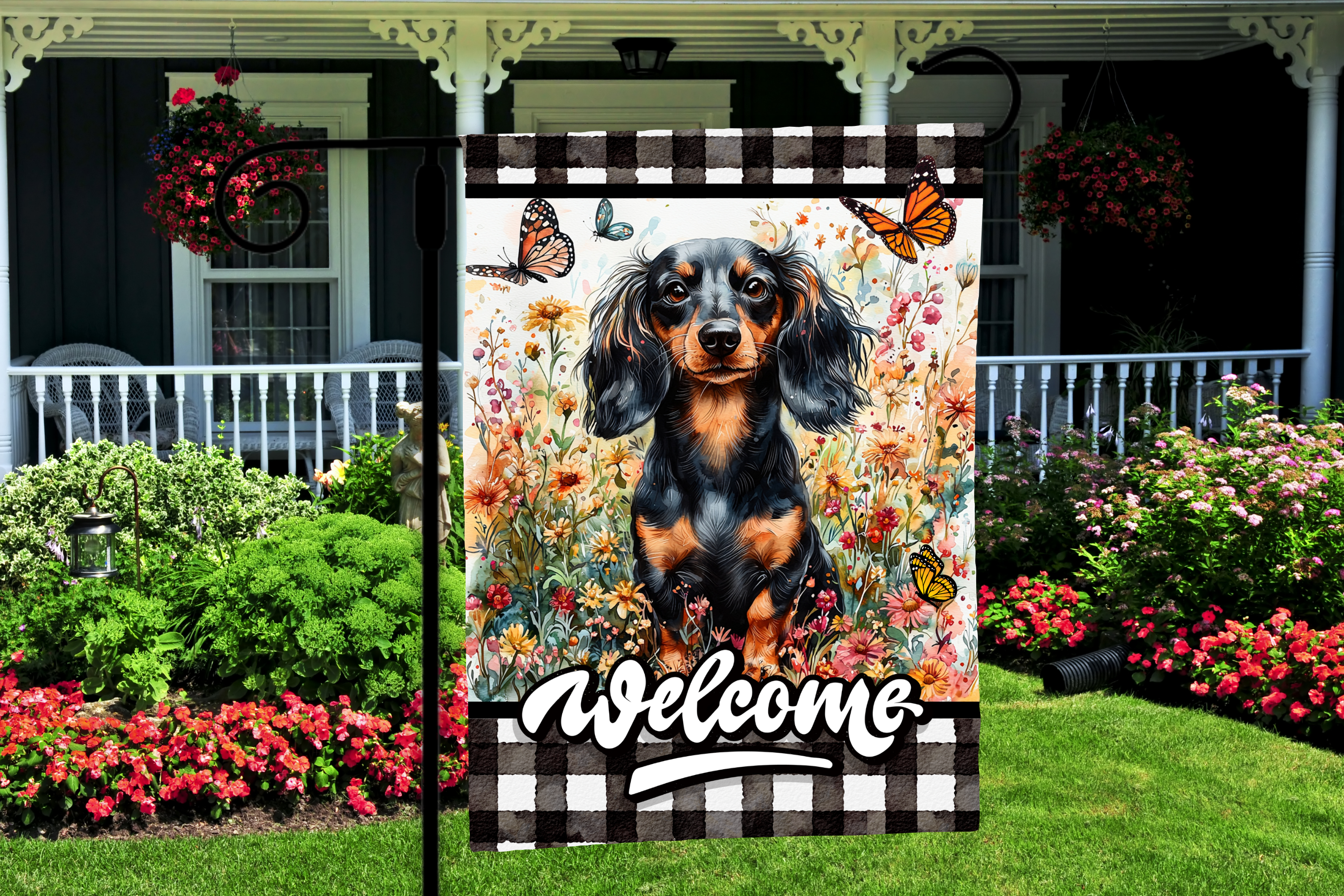 Decorative garden flag with a dog and 'Welcome' text in a garden setting