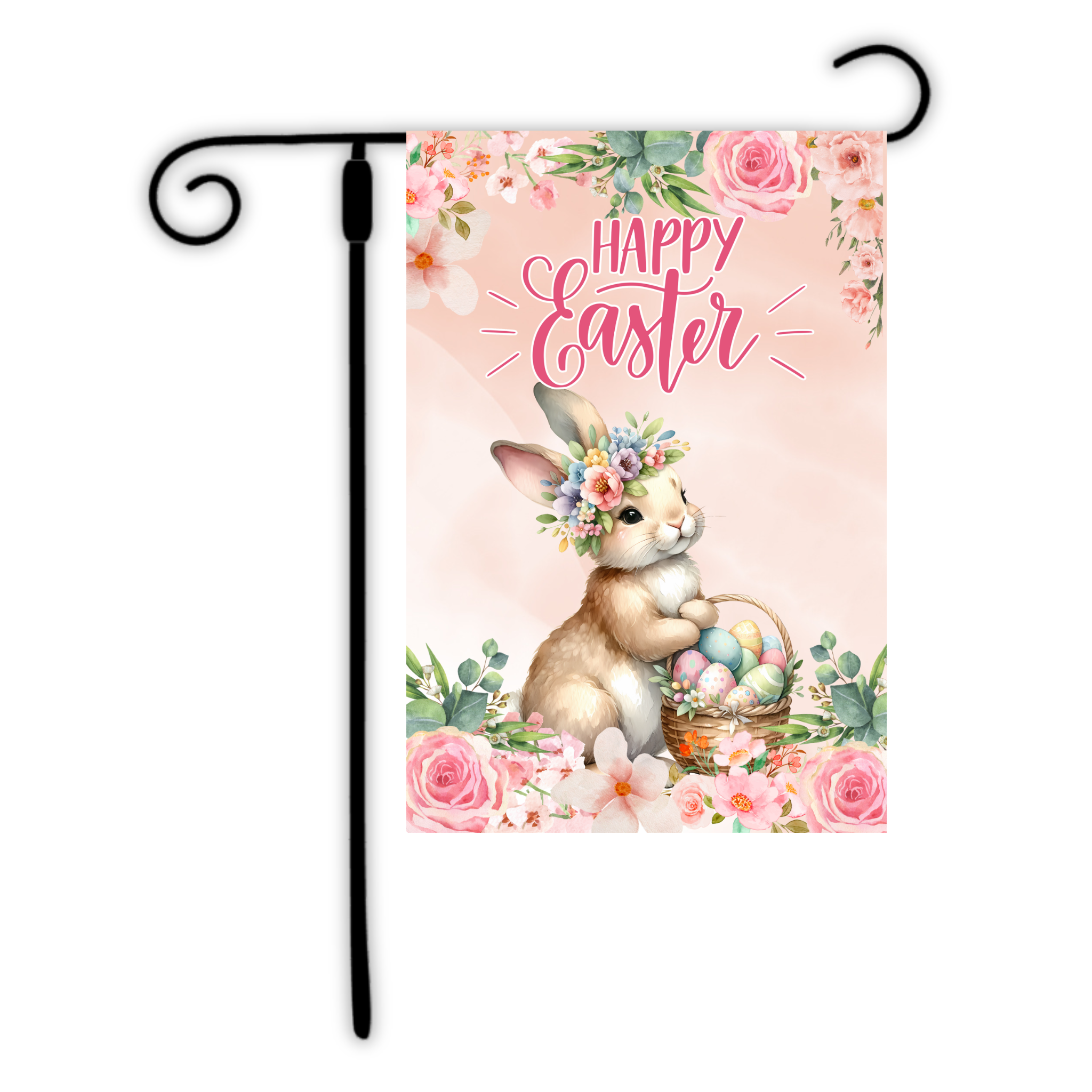 Decorative garden flag with Easter bunny, eggs, and floral design on a pink background.