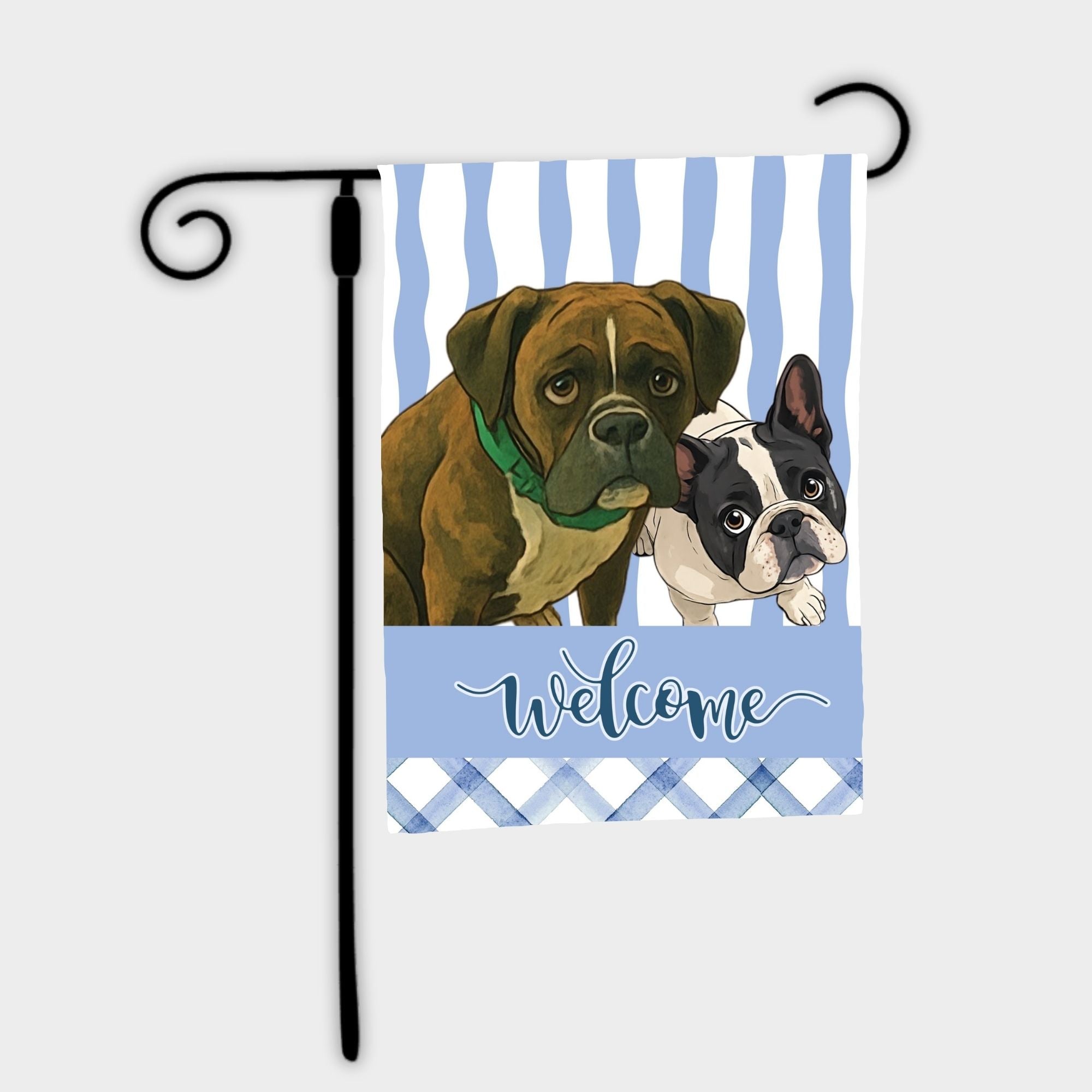 Decorative garden flag with two dogs and 'Welcome' text on a blue and white striped background.