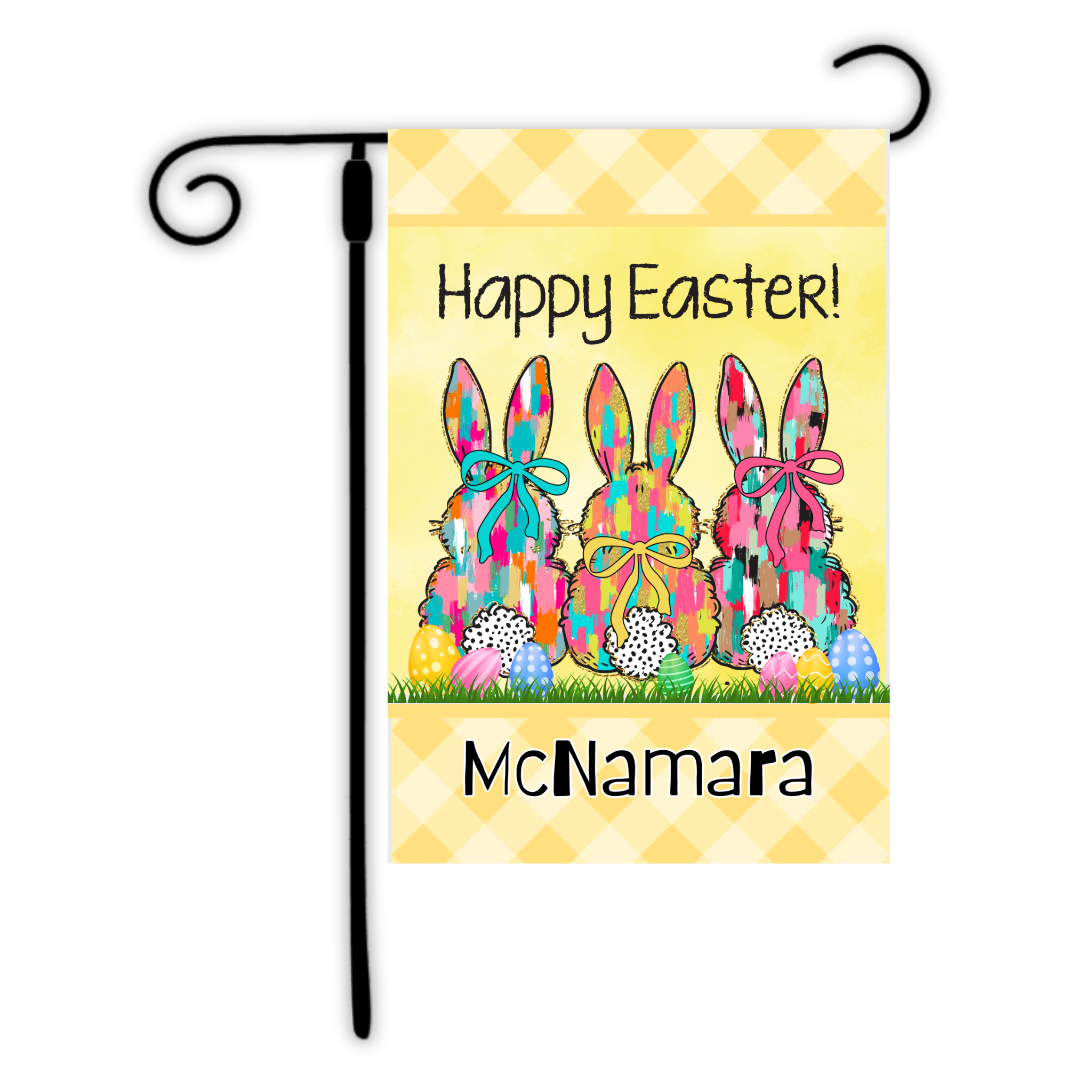 Easter-themed garden flag with colorful bunnies and eggs, personalized with a name.