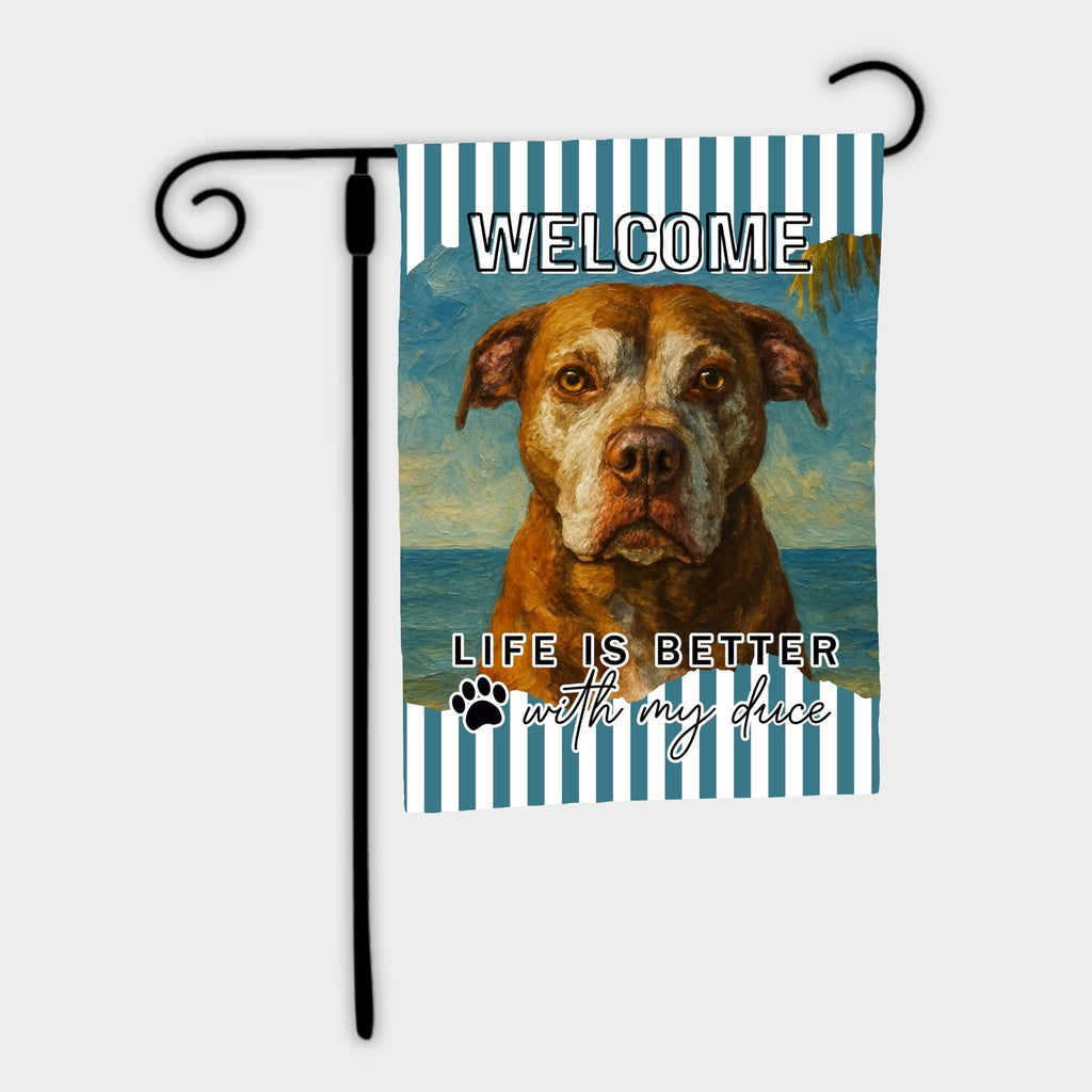 Decorative garden flag with  a dogs and 'Welcome' text on a blue and white striped background.