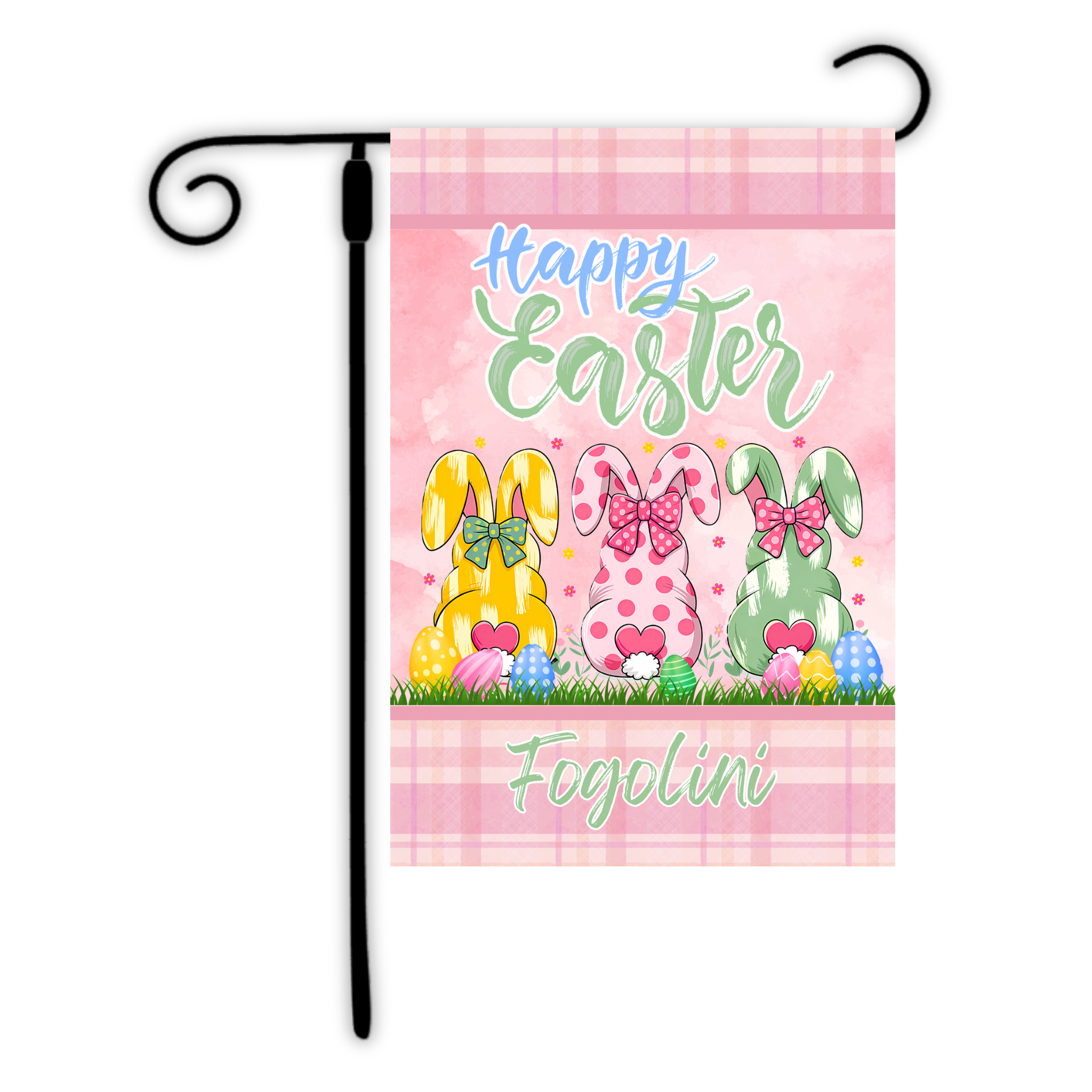 Easter-themed garden flag with bunnies and eggs on a pink plaid background