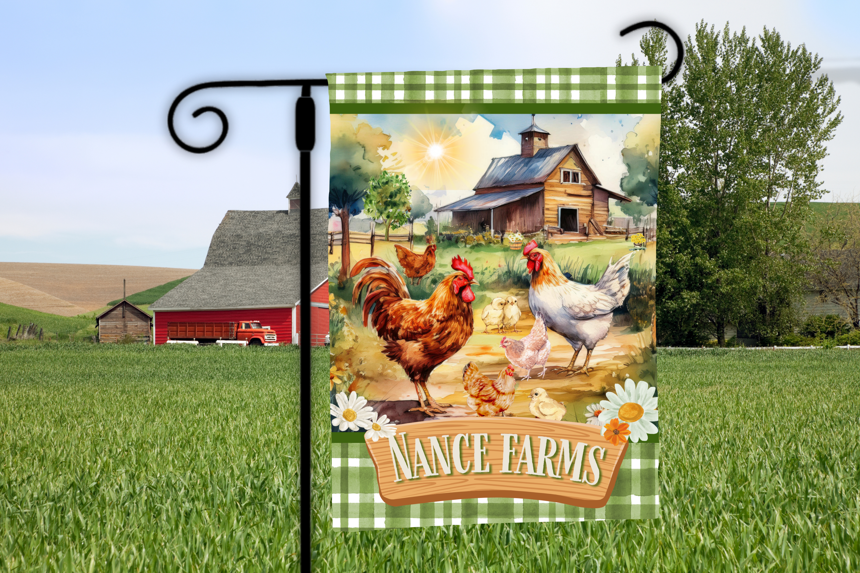 Decorative garden flag with farm scene and 'Your Name Farm' text, mounted on a flag pole outdoors.