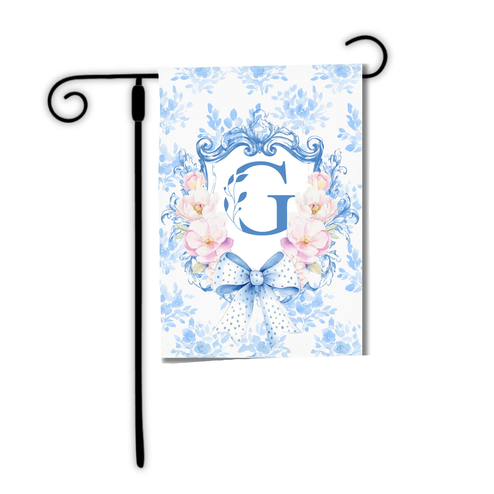 Decorative garden flag with floral design and letter 'G' on a white background