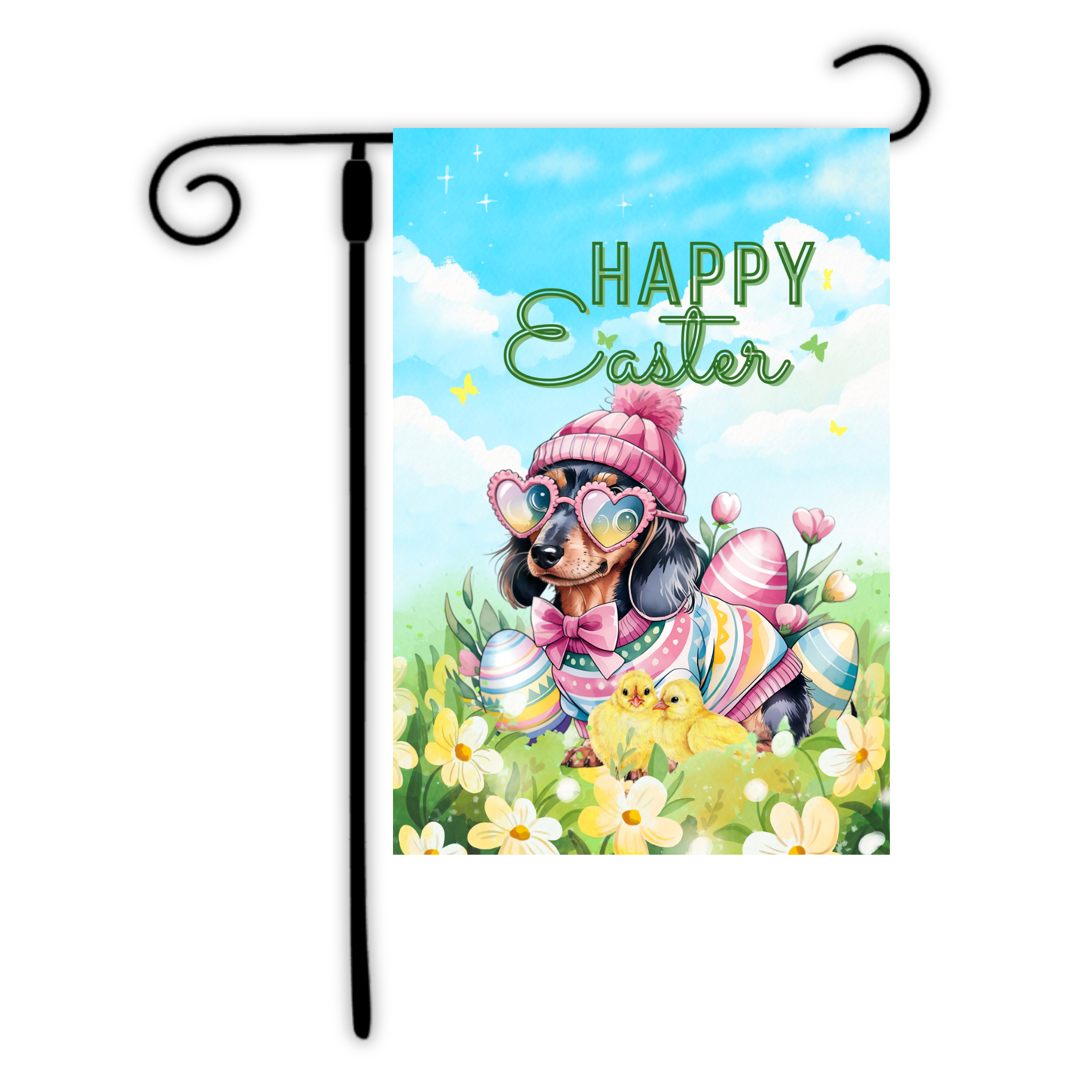 Garden flag with a dog in Easter-themed clothing and 'Happy Easter' text on a blue sky background.