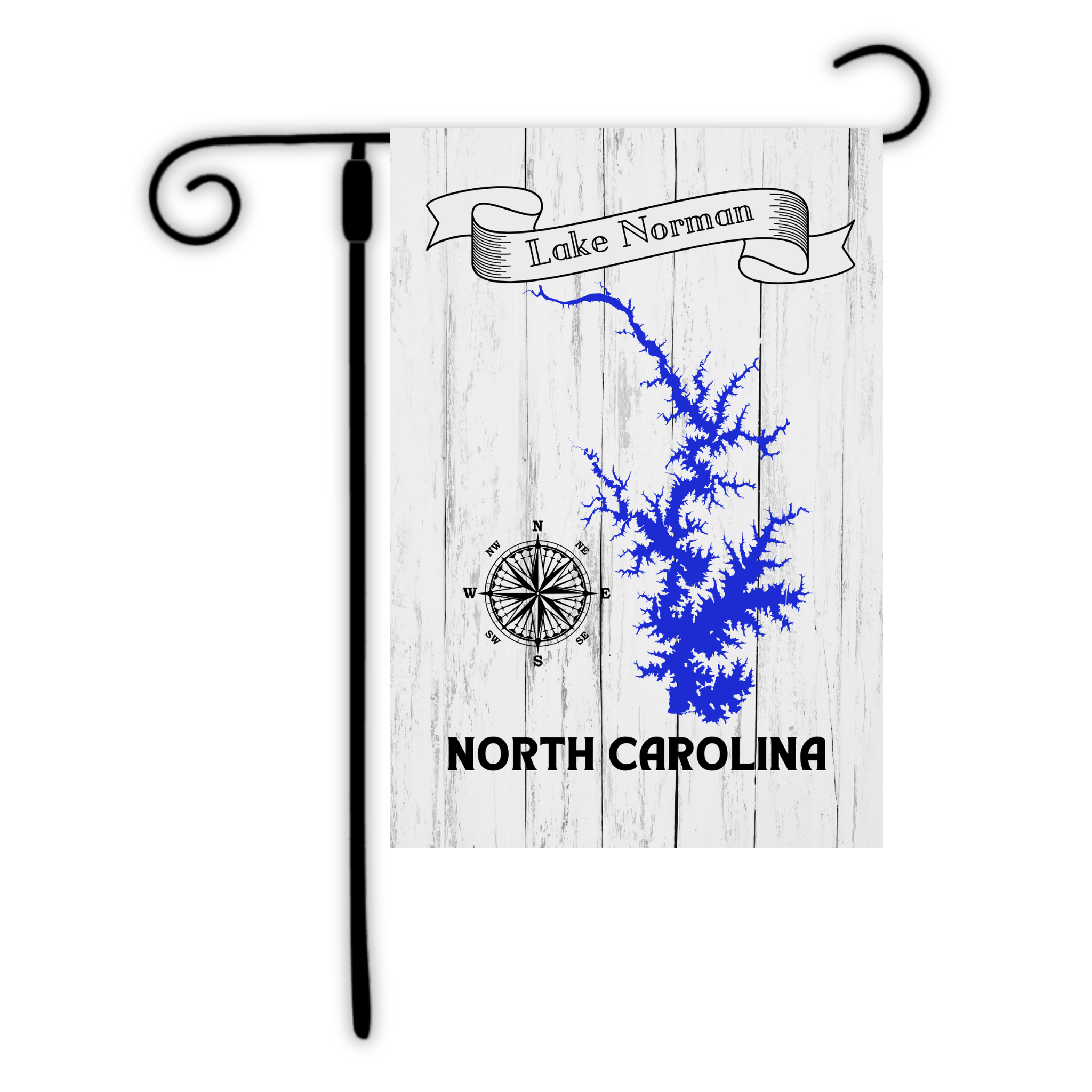 Decorative flag with 'Lake Norman North Carolina' text and blue abstract design on a white background.