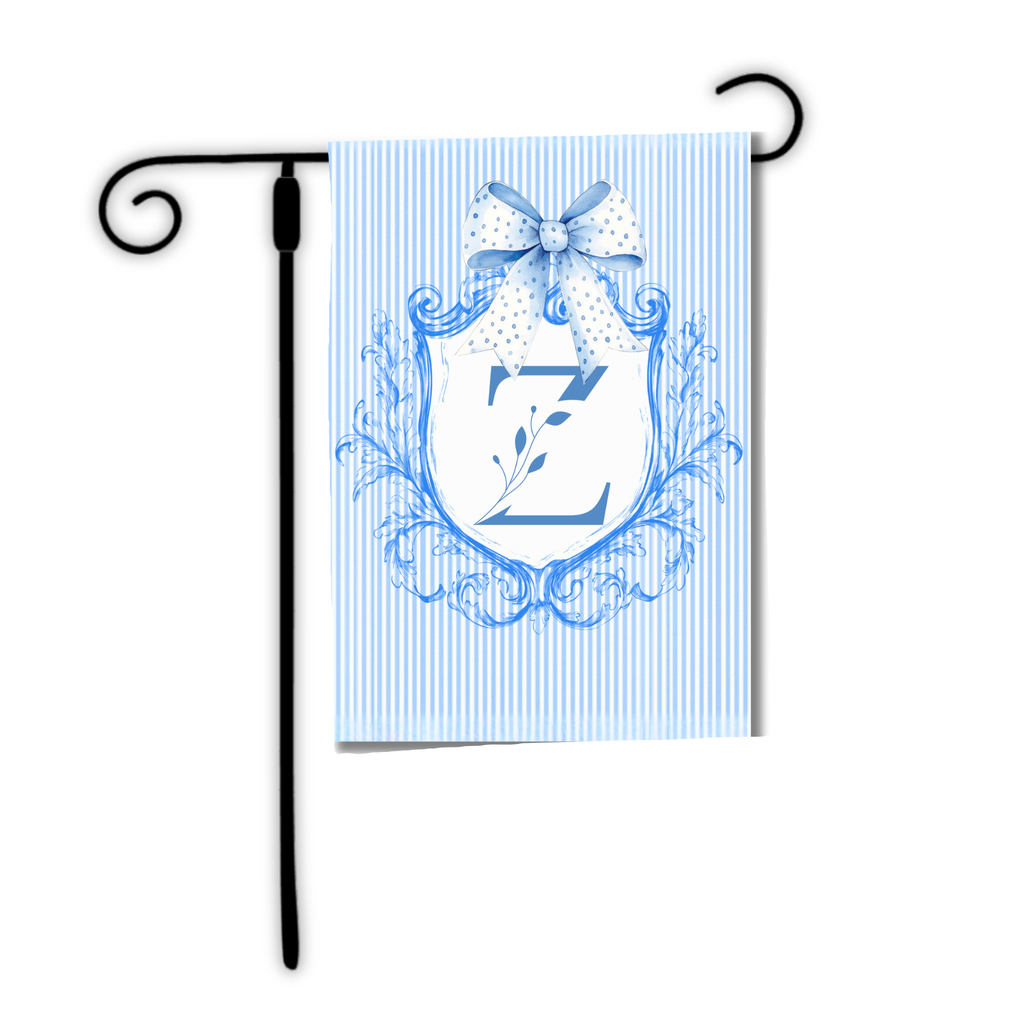 Decorative garden flag with a blue and white design on a white background