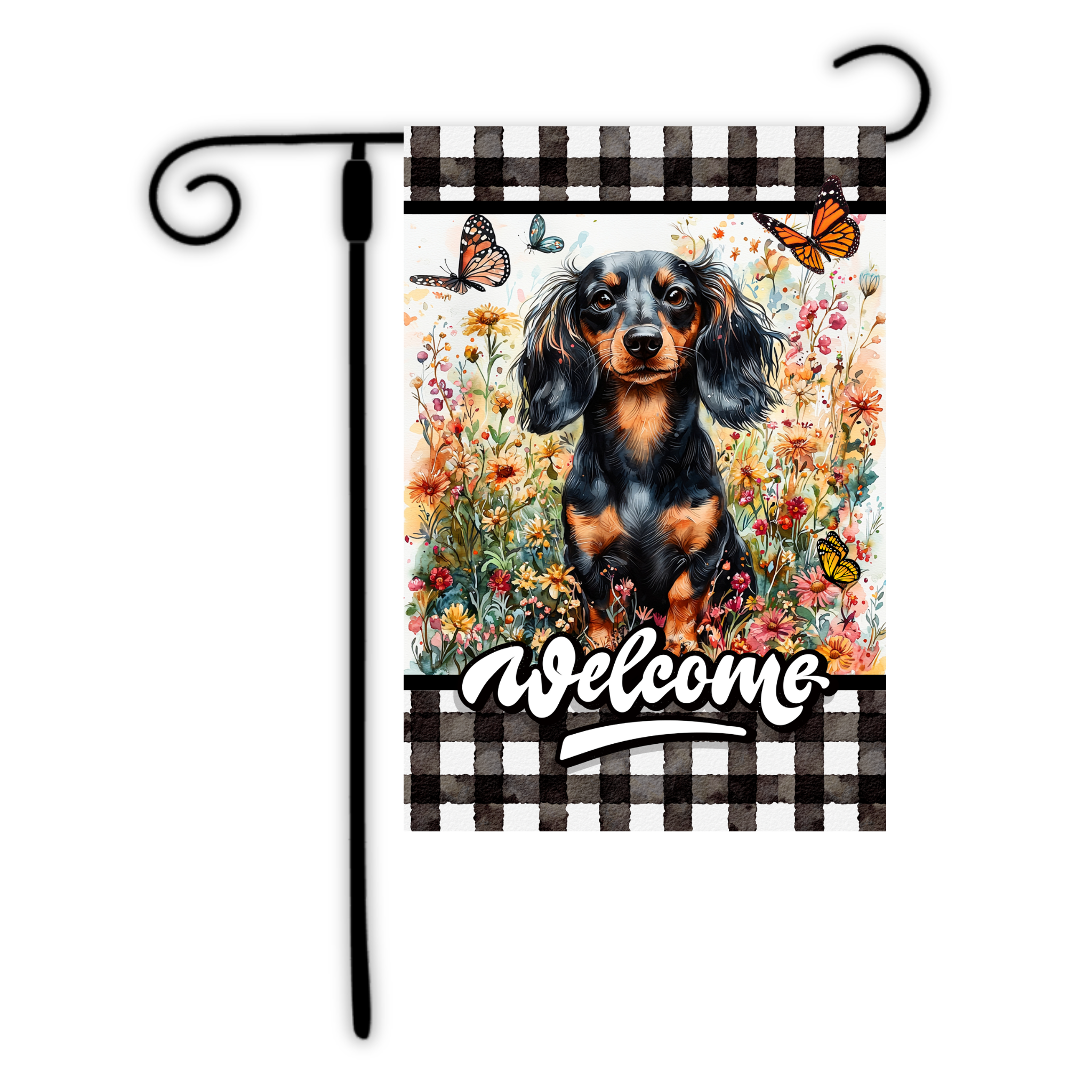 Decorative garden flag with a dachshund and 'Welcome' text on a floral background.