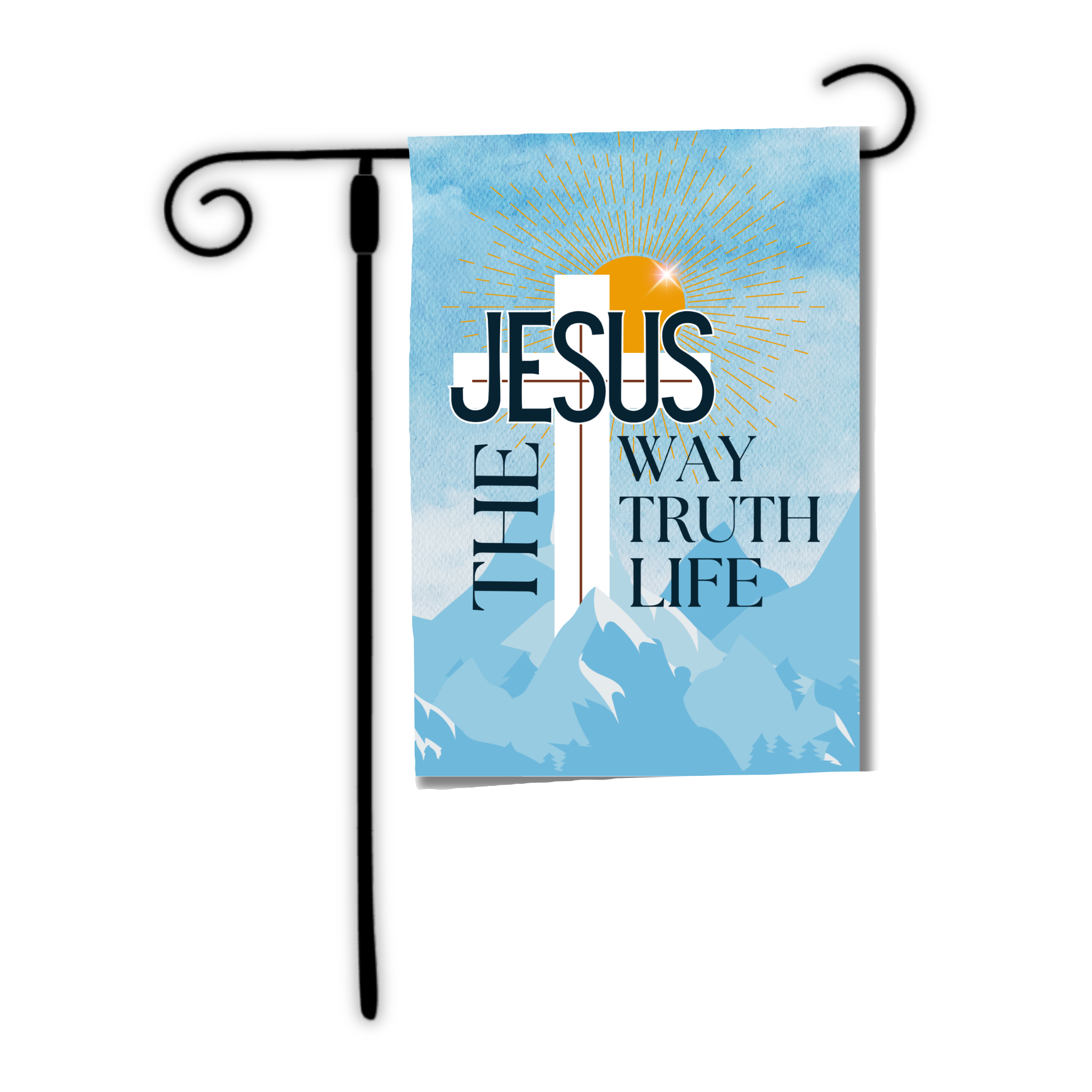 Decorative garden flag with cross and mountain design, featuring text 'Jesus The Way Truth Life' on a white background.