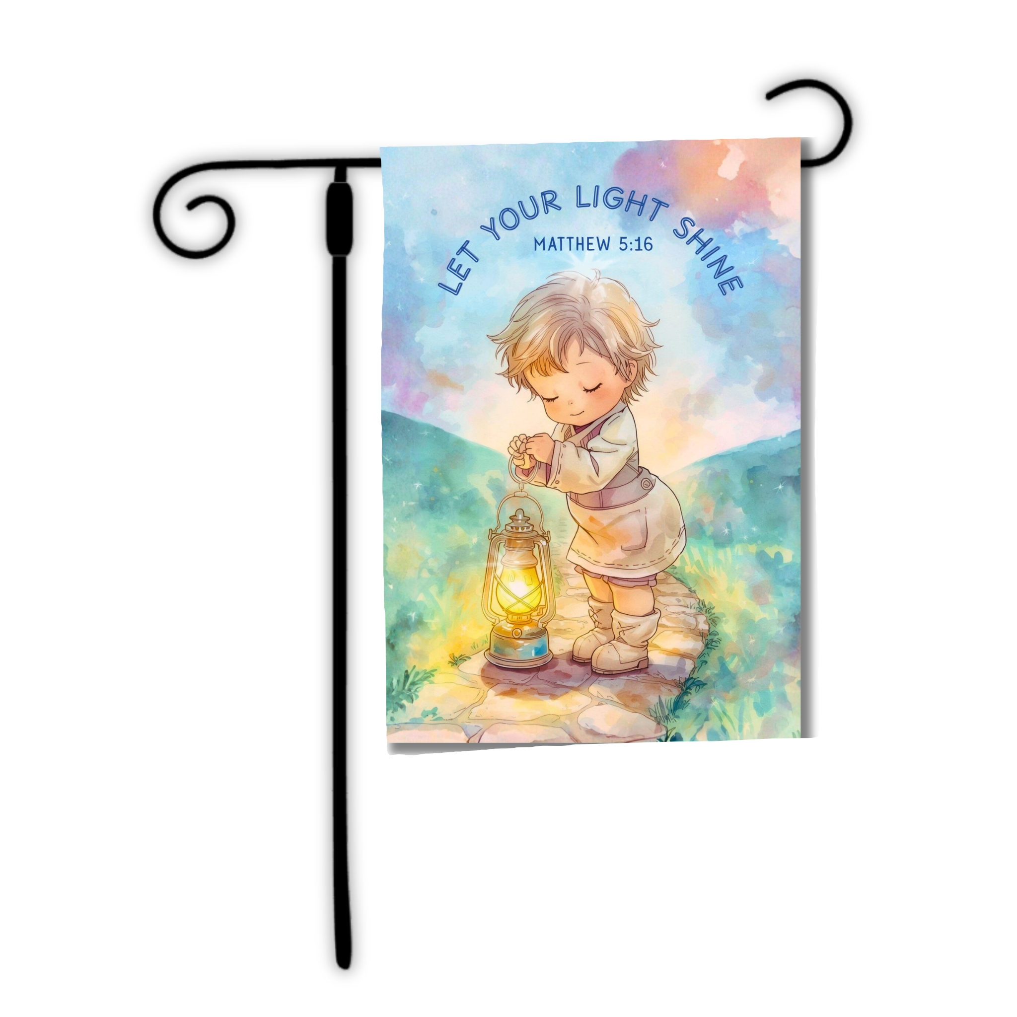 Decorative garden flag with a child holding a lantern and 'Let Your Light Shine' text on a colorful background.