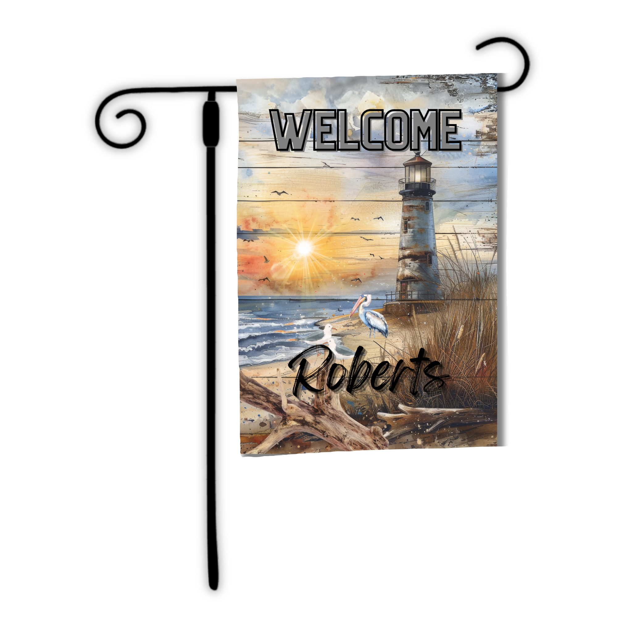 Decorative garden flag with a lighthouse and sunset design, featuring the word 'Welcome' and your Name