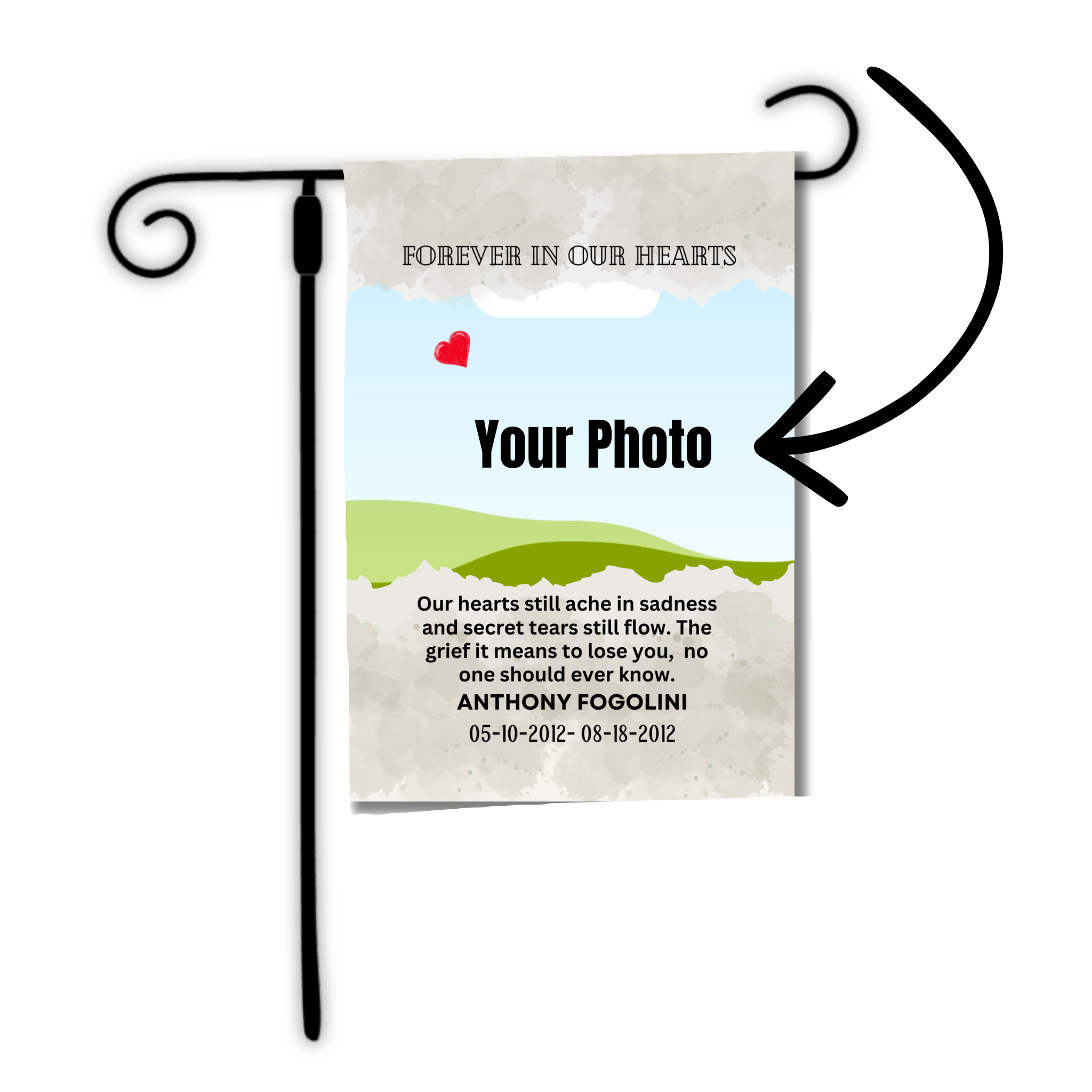 Memorial garden flag with text and a heart icon, featuring a photo placeholder.