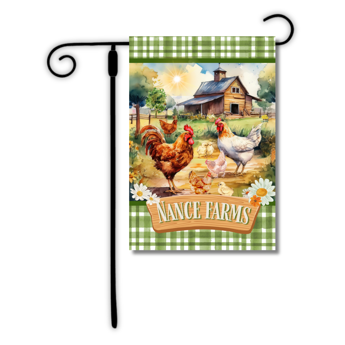 Decorative garden flag with farm scene and 'Your Name Farms' text on a checkered border.