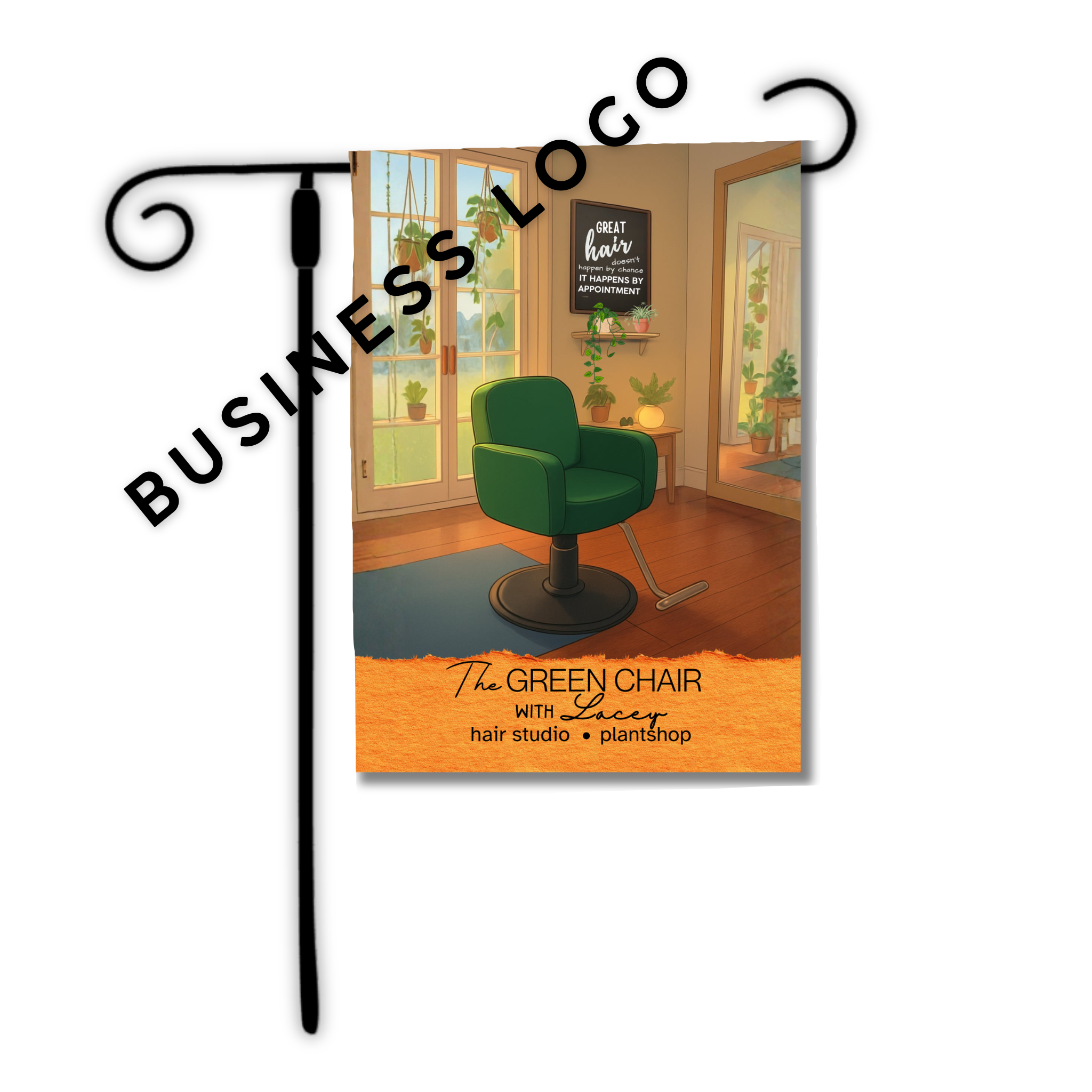 Decorative flag with a green chair and salon interior, featuring 'The Green Chair with Lucy' on a white background.
