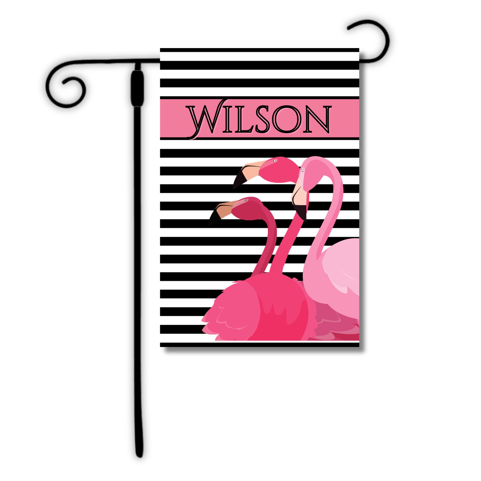 Flag with pink flamingos and black and white stripes, featuring the name 'Wilson'.