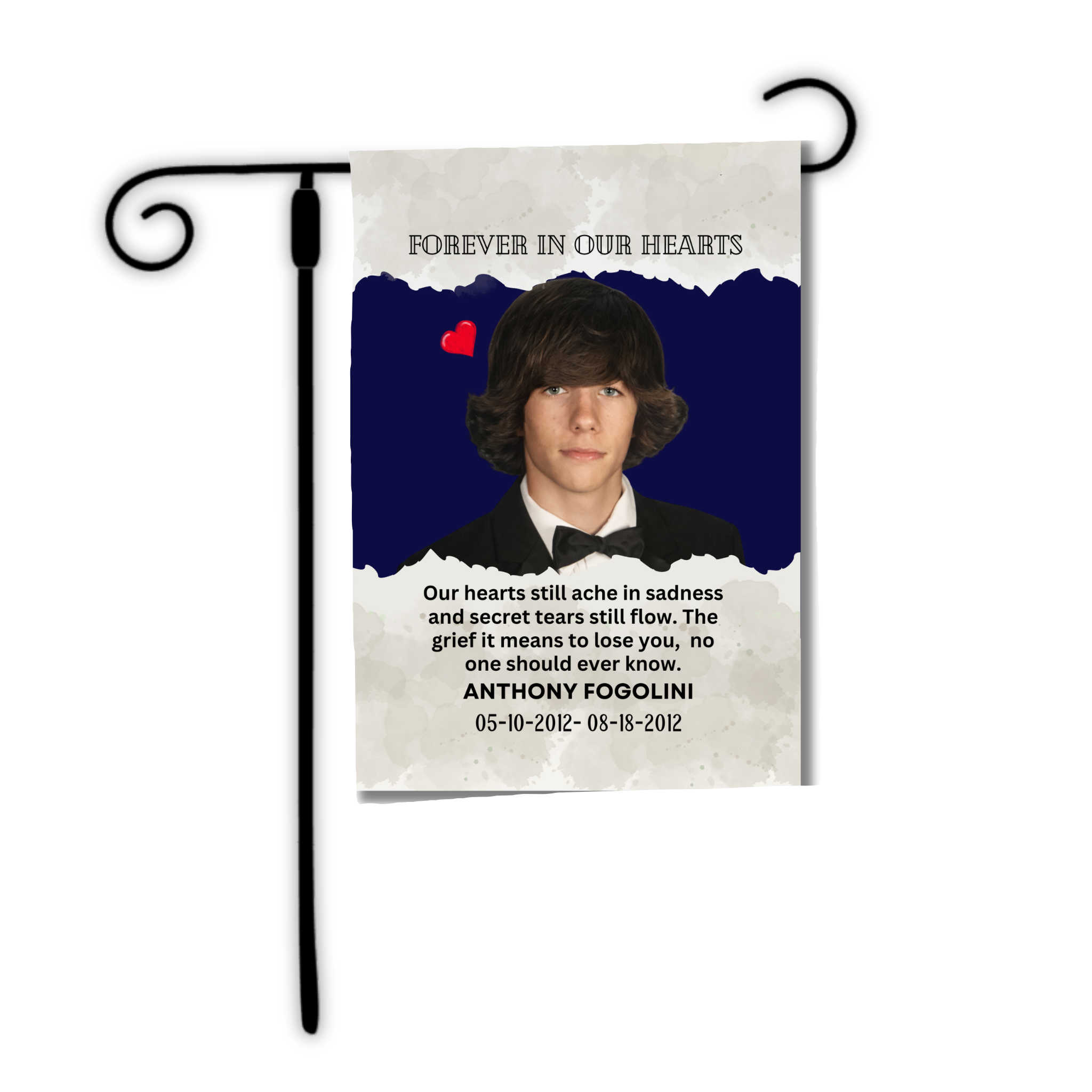 Memorial garden flag with a portrait and text on a white background