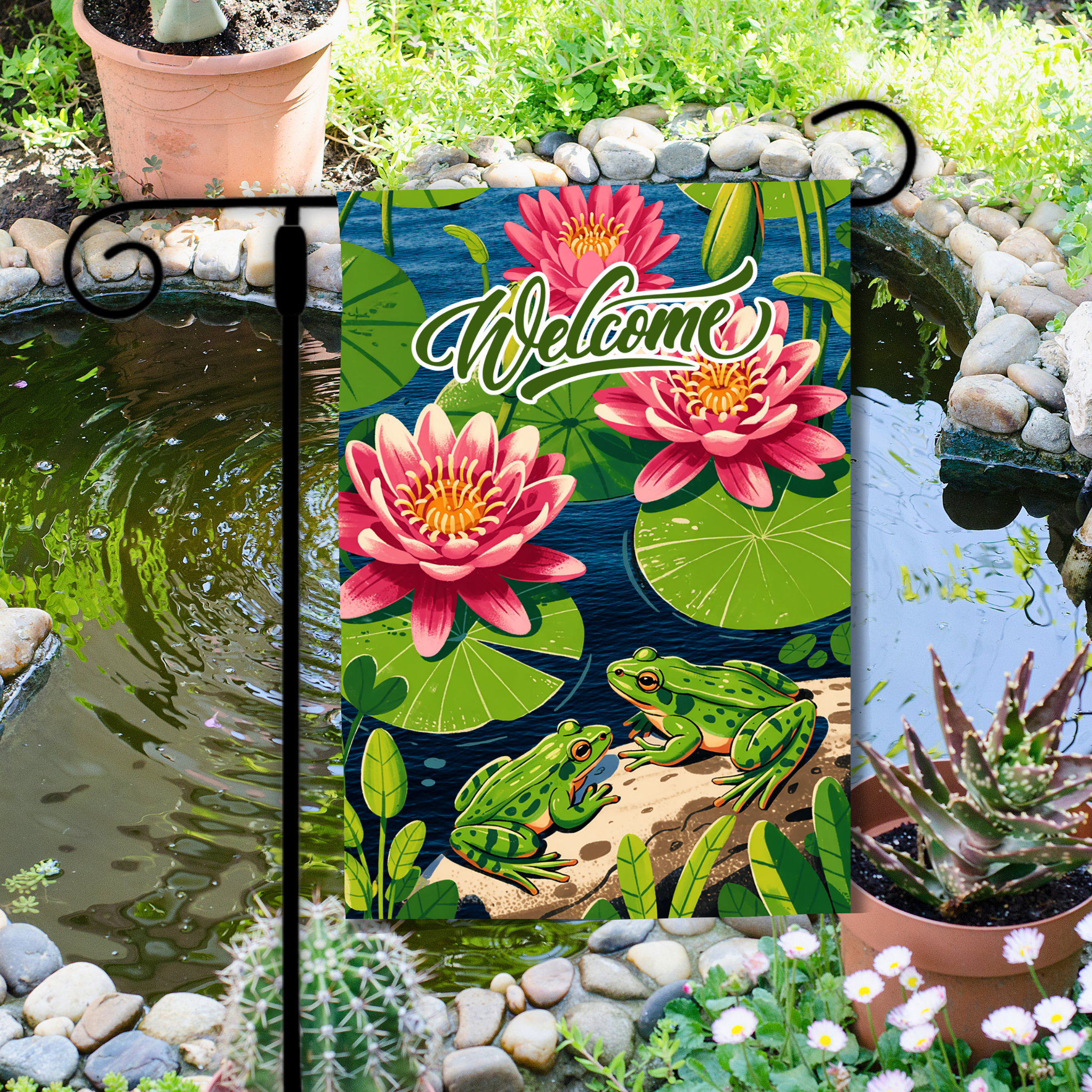 Decorative garden flag with frogs and water lilies near a pond