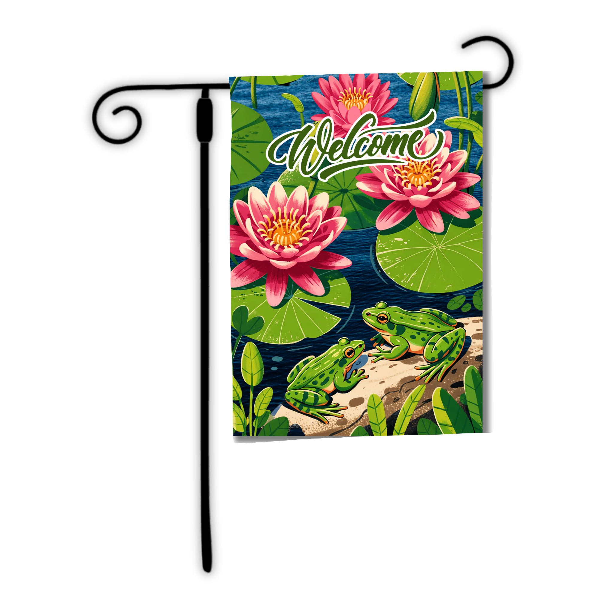 Decorative garden flag with frogs and pink flowers on a white background