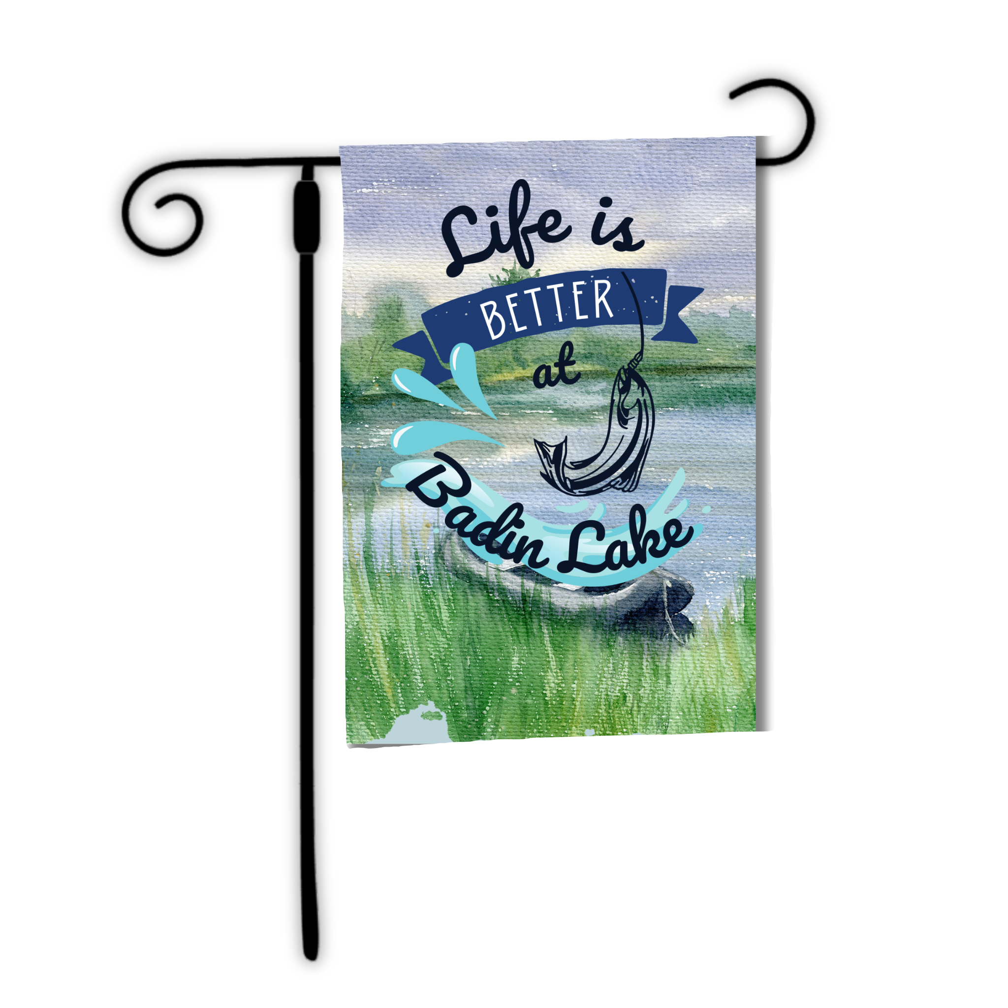 Decorative garden flag with 'Life is Better at Badin Lake' text and fishing design on a lake background.