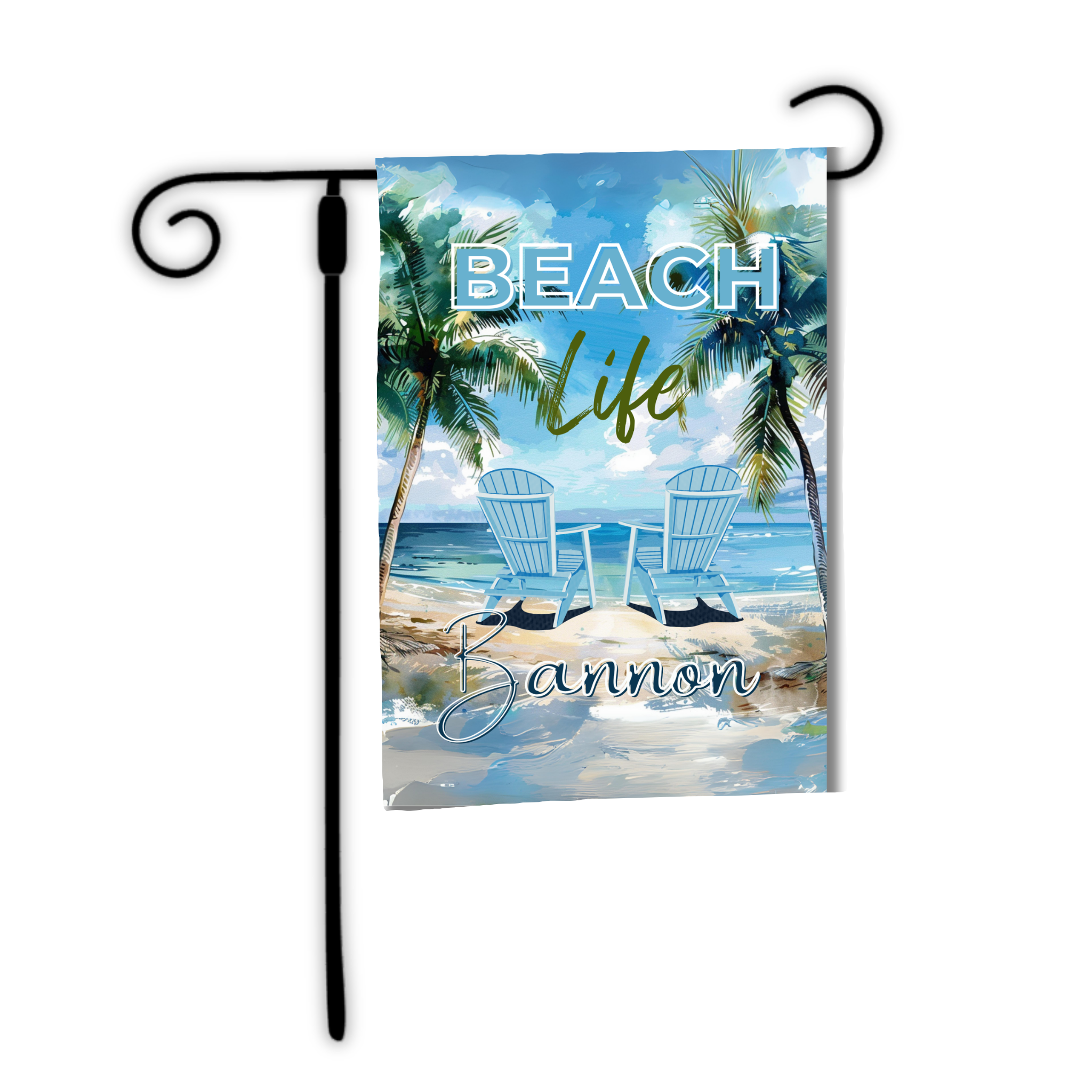 Decorative garden flag with 'Beach Life' text and beach scene on a white background
