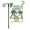 Decorative garden flag with 'Hello Summer, Life's a Beach' text and palm tree design.