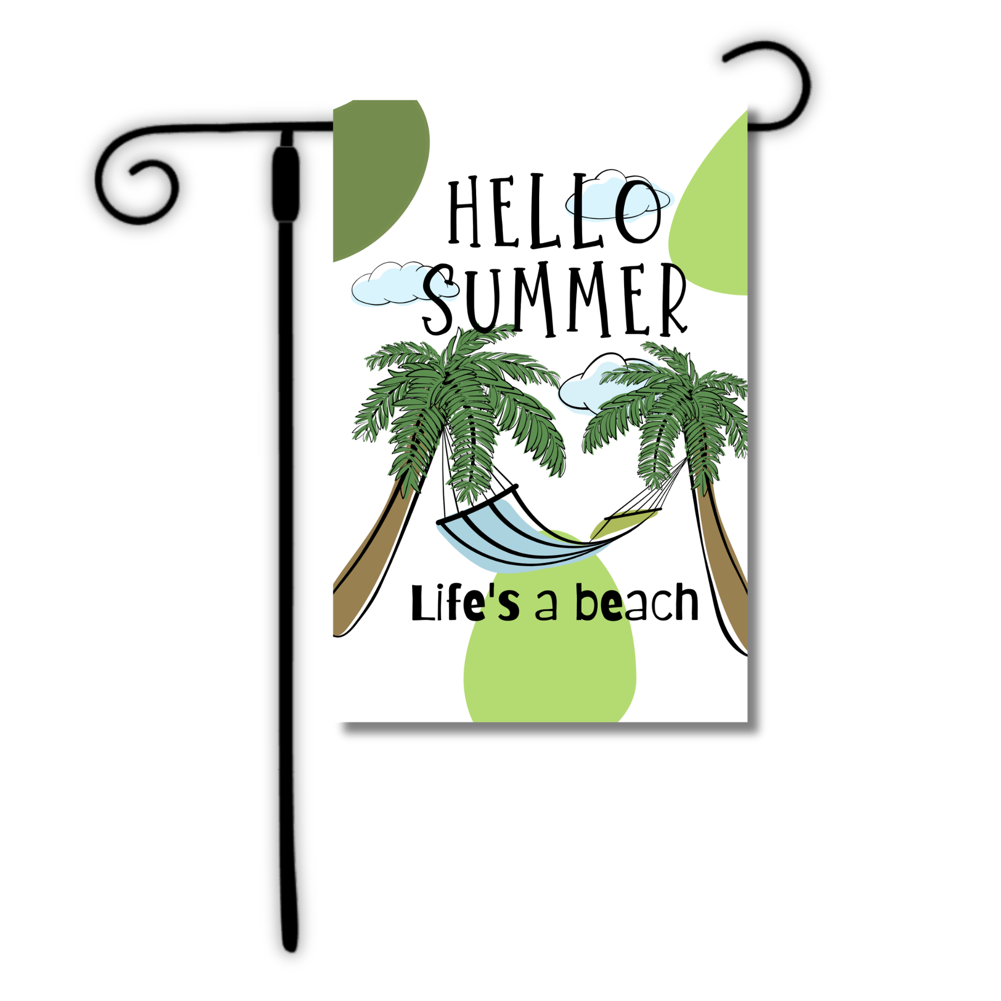 Decorative garden flag with 'Hello Summer, Life's a Beach' text and palm tree design.