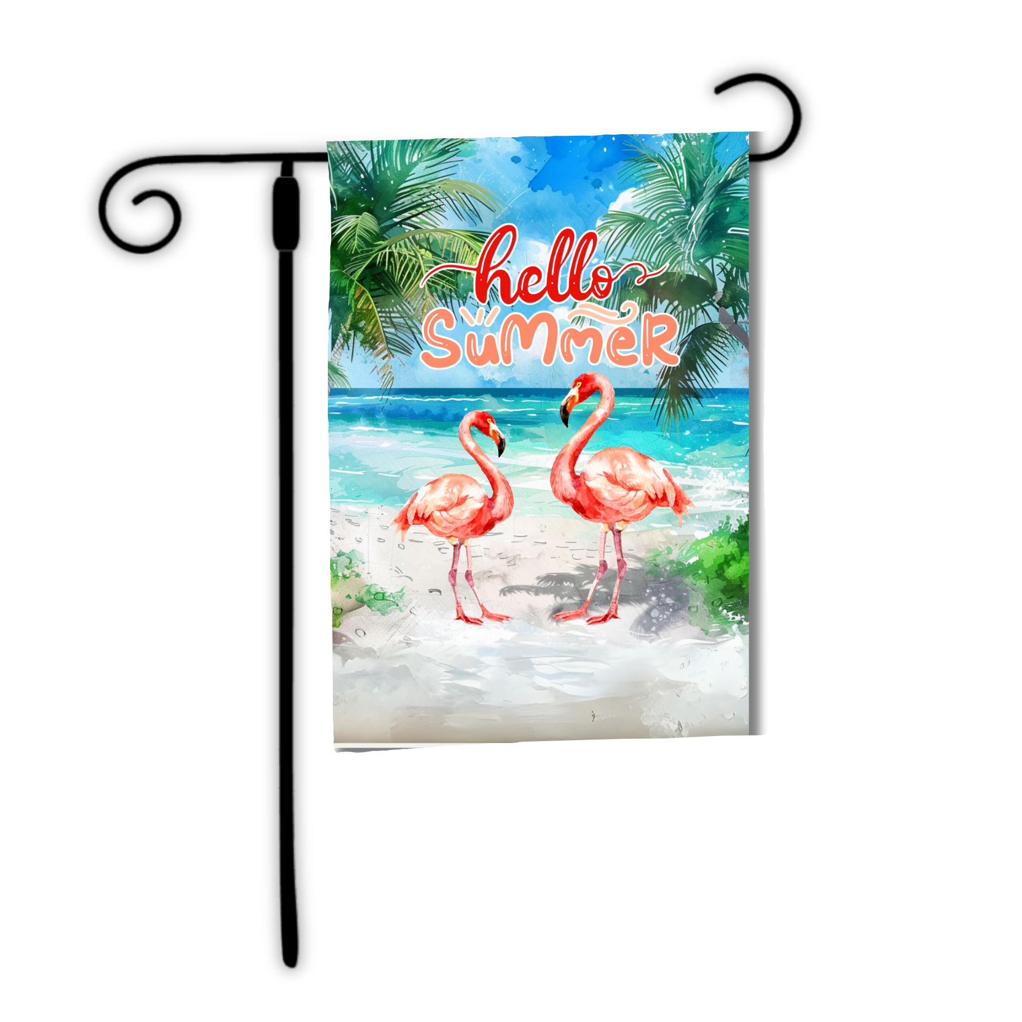 Flag with flamingos and 'hello summer' text on a beach scene, attached to a flagpole.