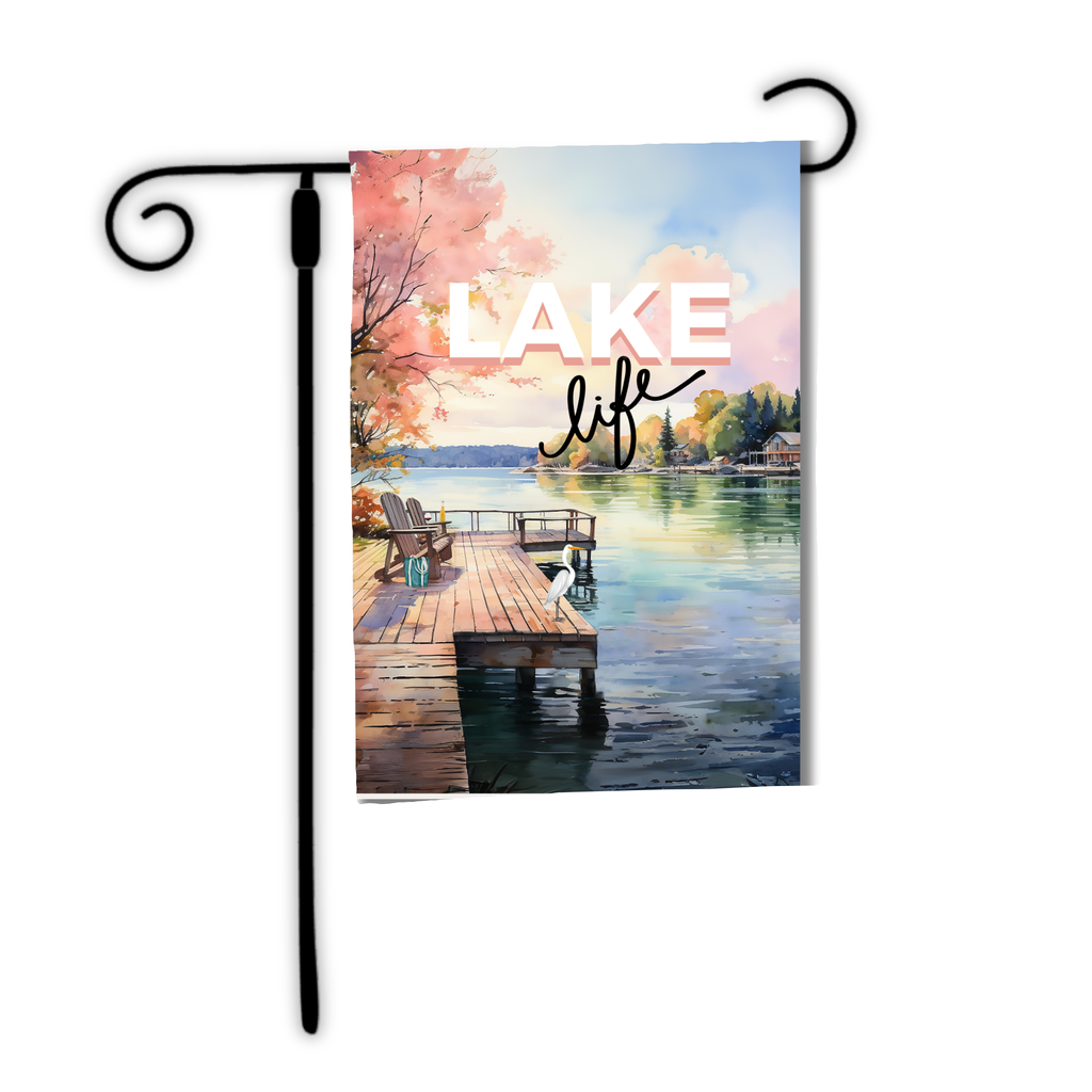 Decorative garden flag with 'Lake Life' text and a lake scene on a white background.