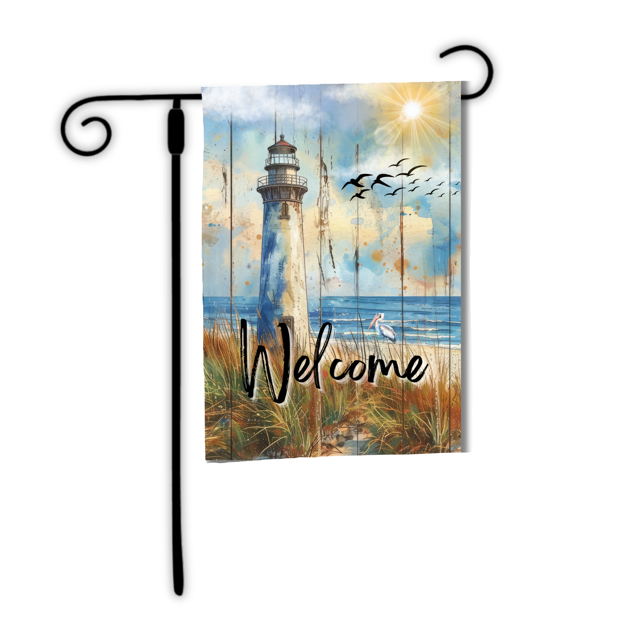 Decorative garden flag with a lighthouse design and 'Welcome' text, on a white background.