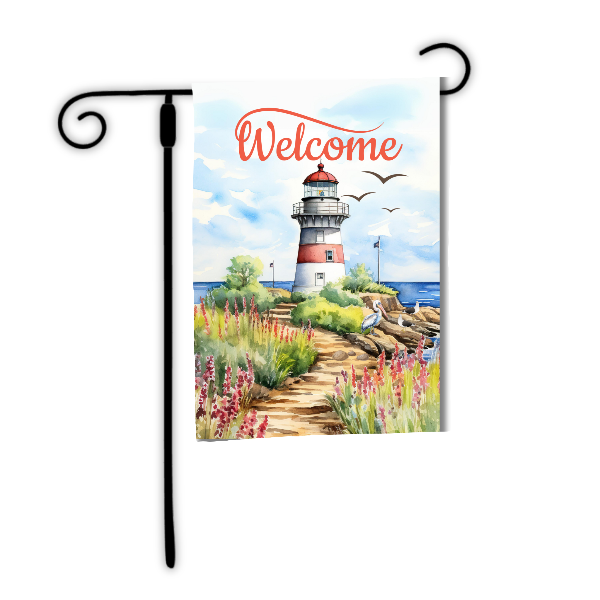 Decorative garden flag with a lighthouse design and 'Welcome' text, on a white background.
