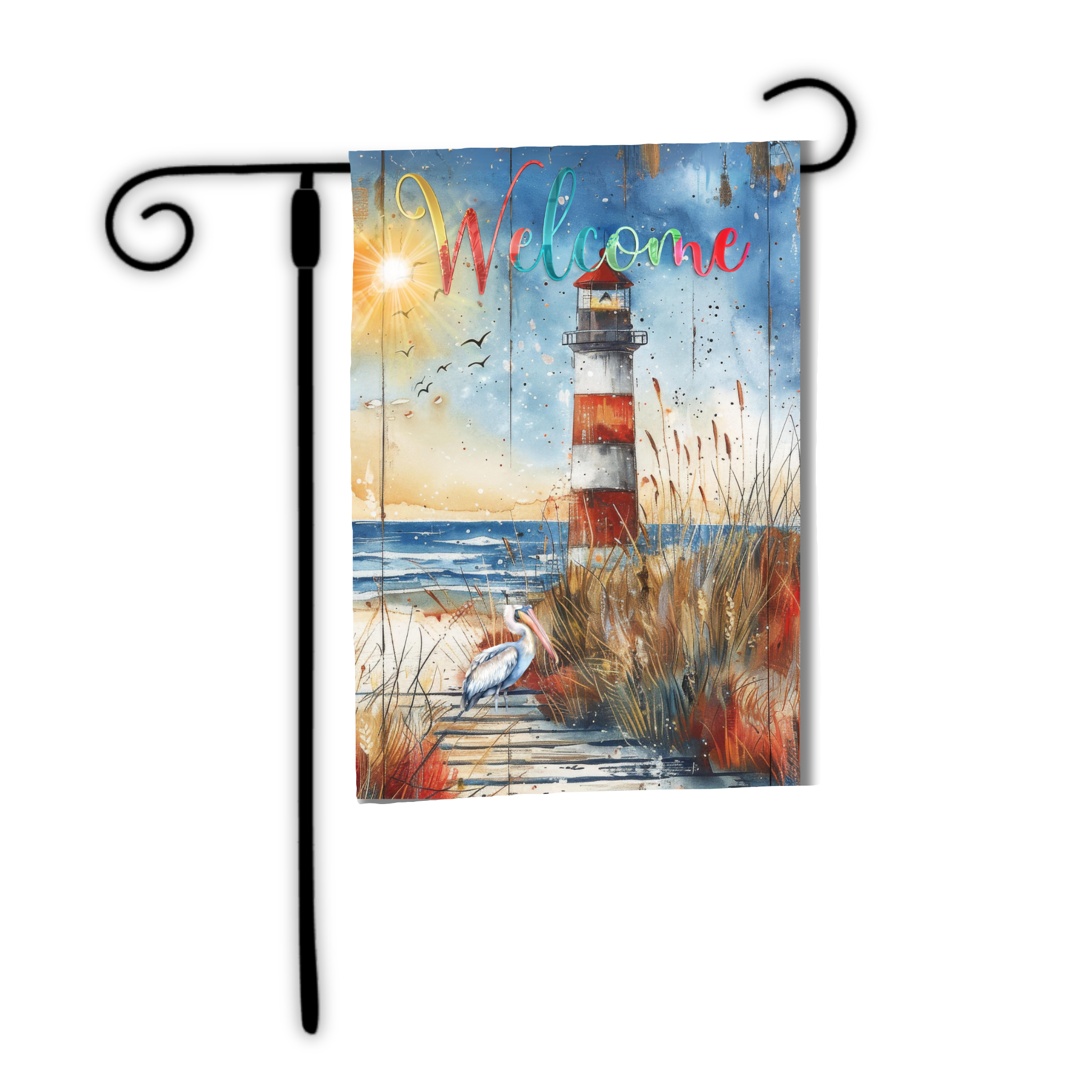 Decorative garden flag with a lighthouse and 'Welcome' text on a white background