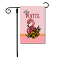 Decorative garden flag with pink flamingo design and 'The Watts' text on a pink background.