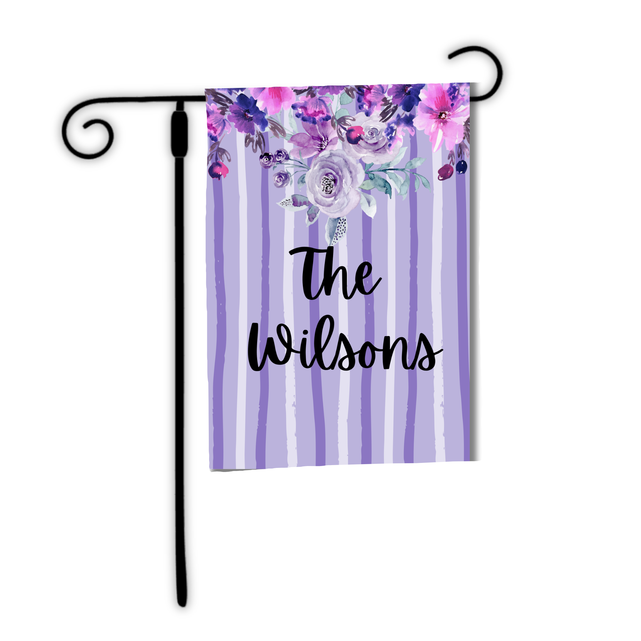 Decorative garden flag with floral design and 'The Wilsons' text on a purple and white striped background.